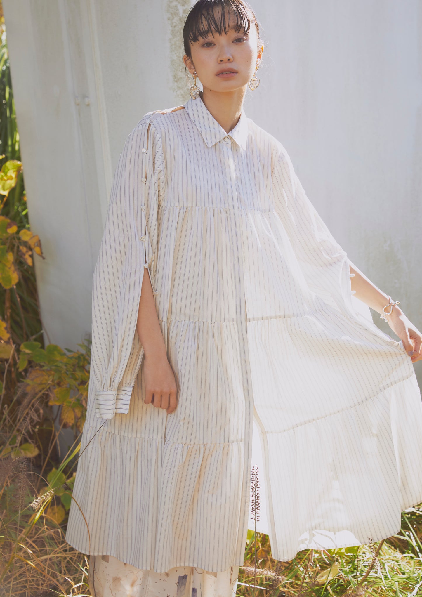 dobby stripe tiered shirt dress ( blue )