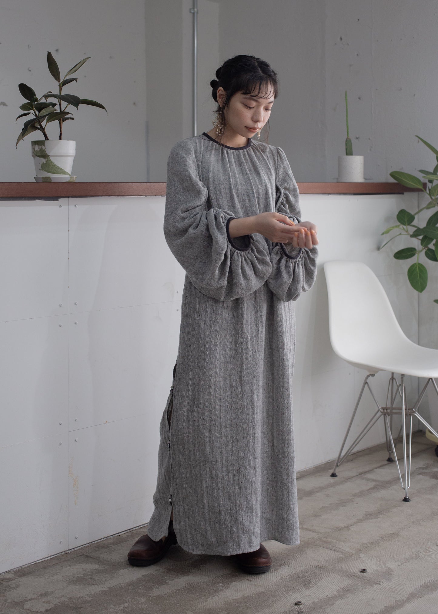 fullness sleeve herringbone dress