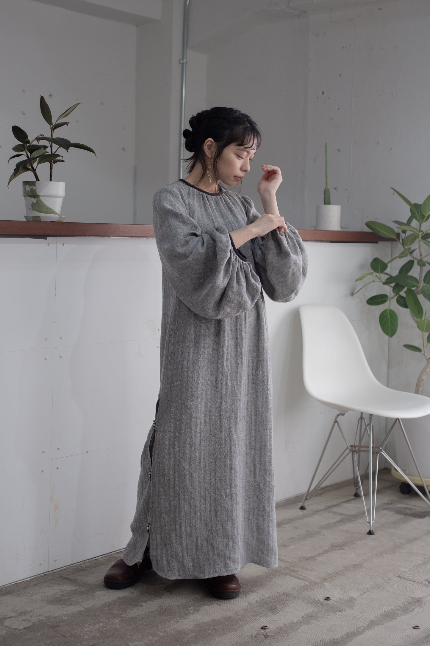 fullness sleeve herringbone dress