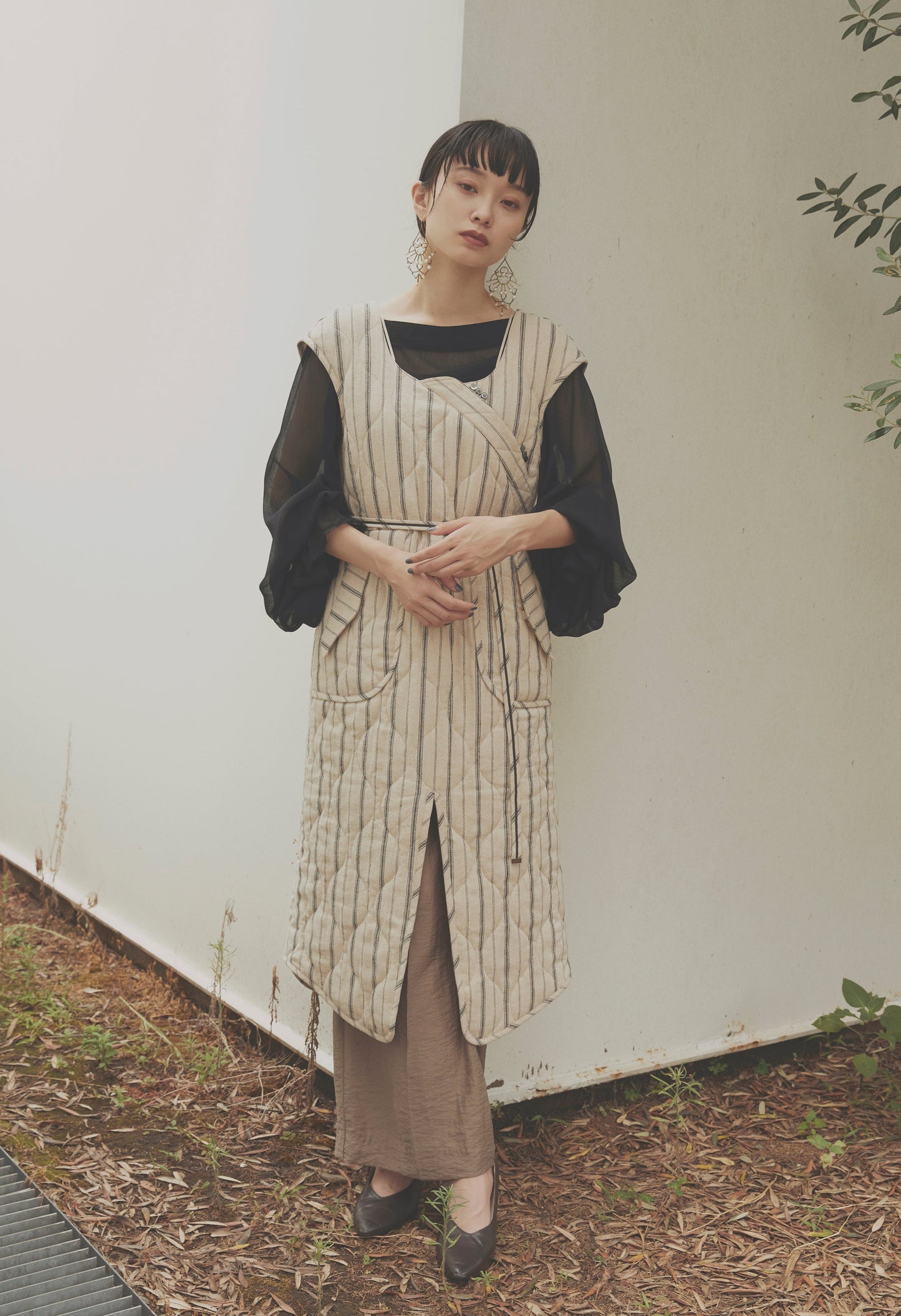 條紋絎縫套頭裙(米色)