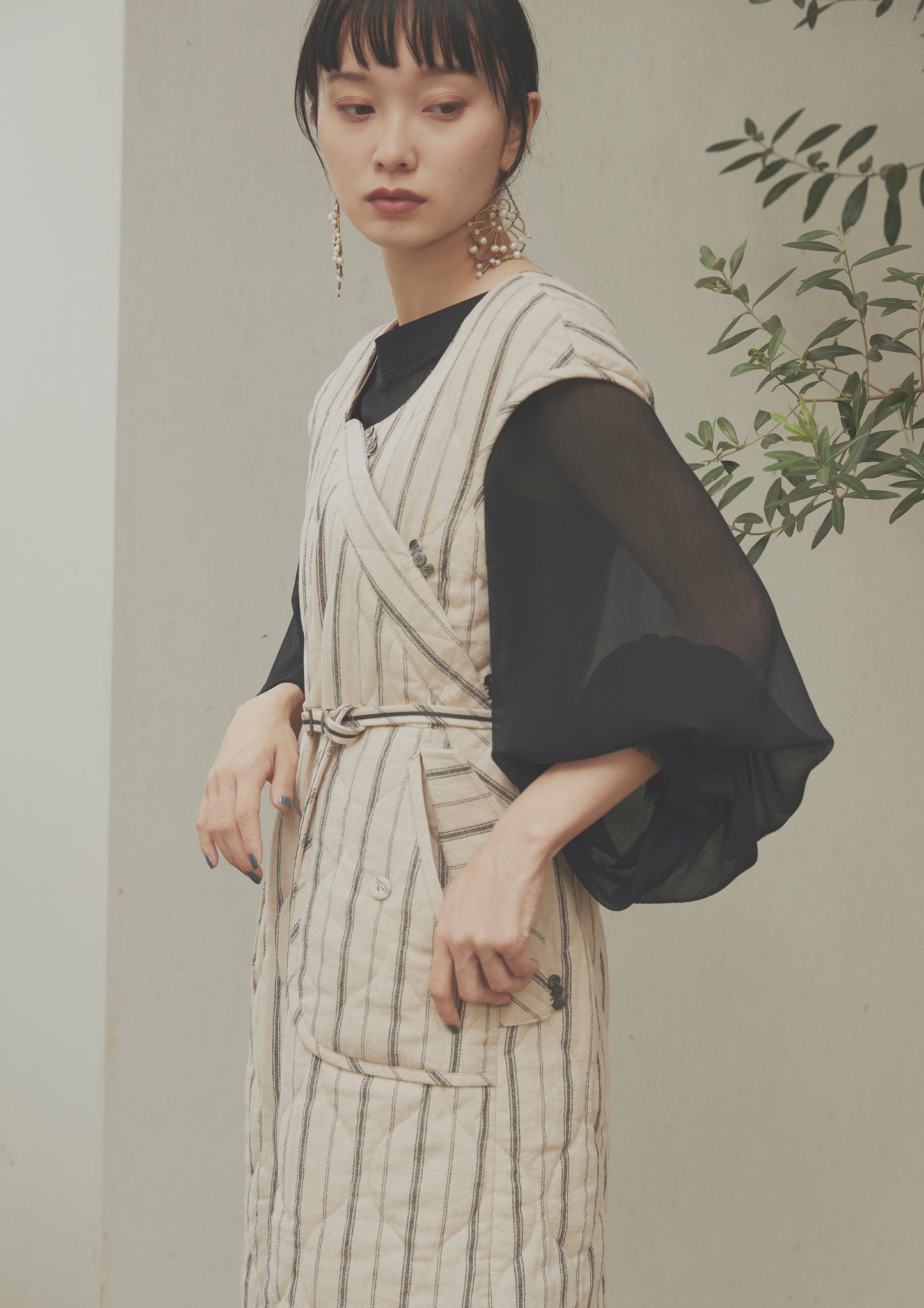 條紋絎縫套頭裙(米色)