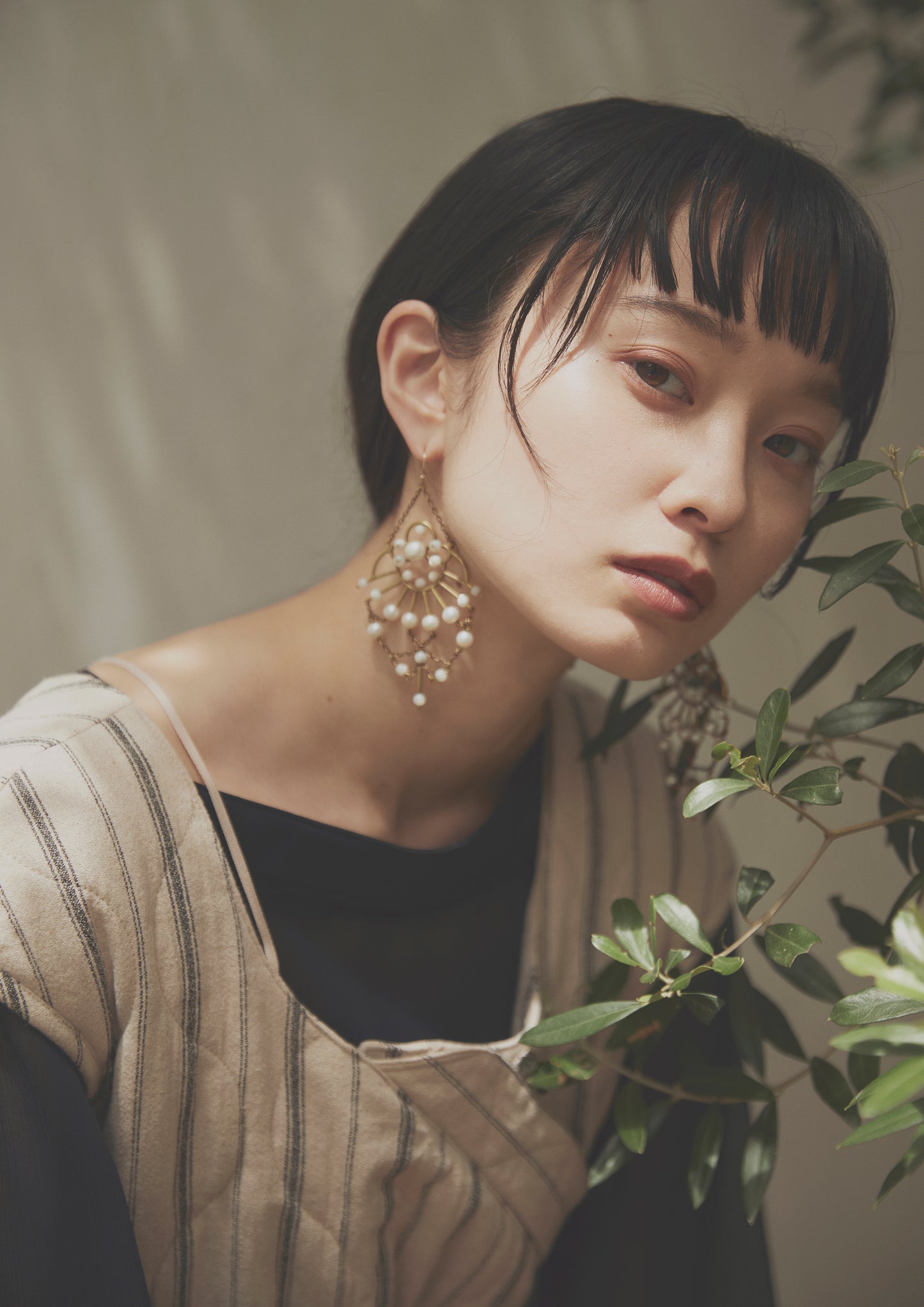 條紋絎縫套頭裙(米色)