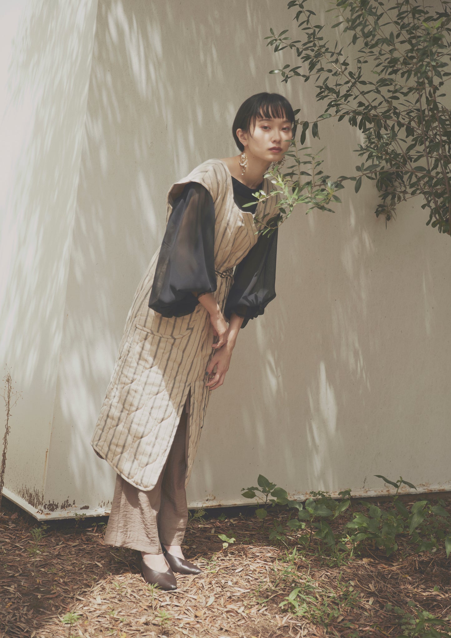 條紋絎縫套頭裙(米色)