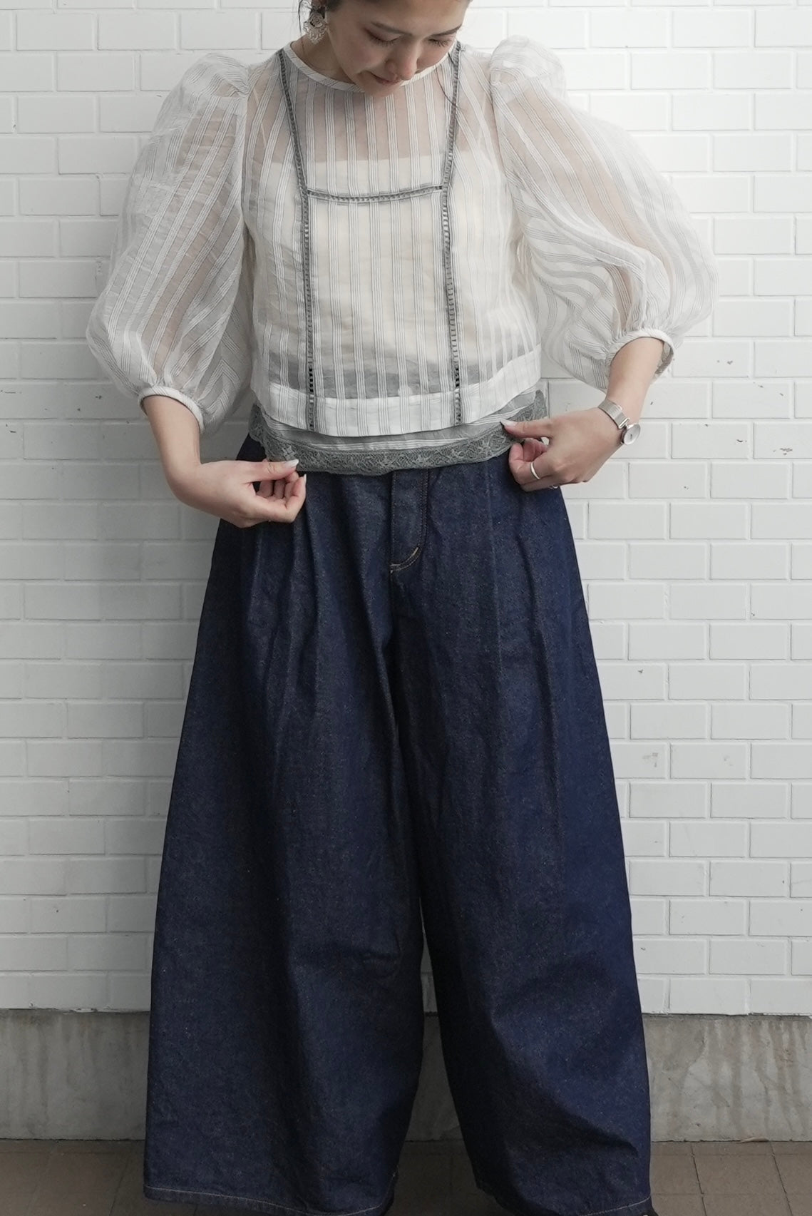 <ご予約商品> stripe patch lace mist blouse ( white gray )