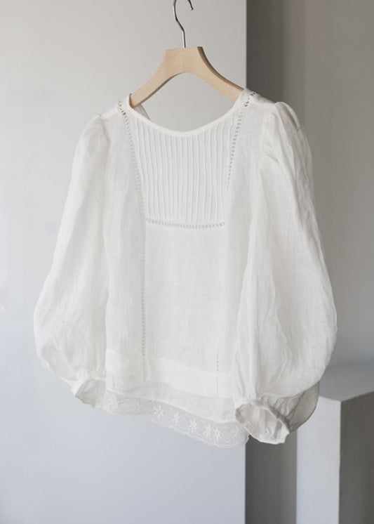 貼片蕾絲亞麻上衣(白色)
