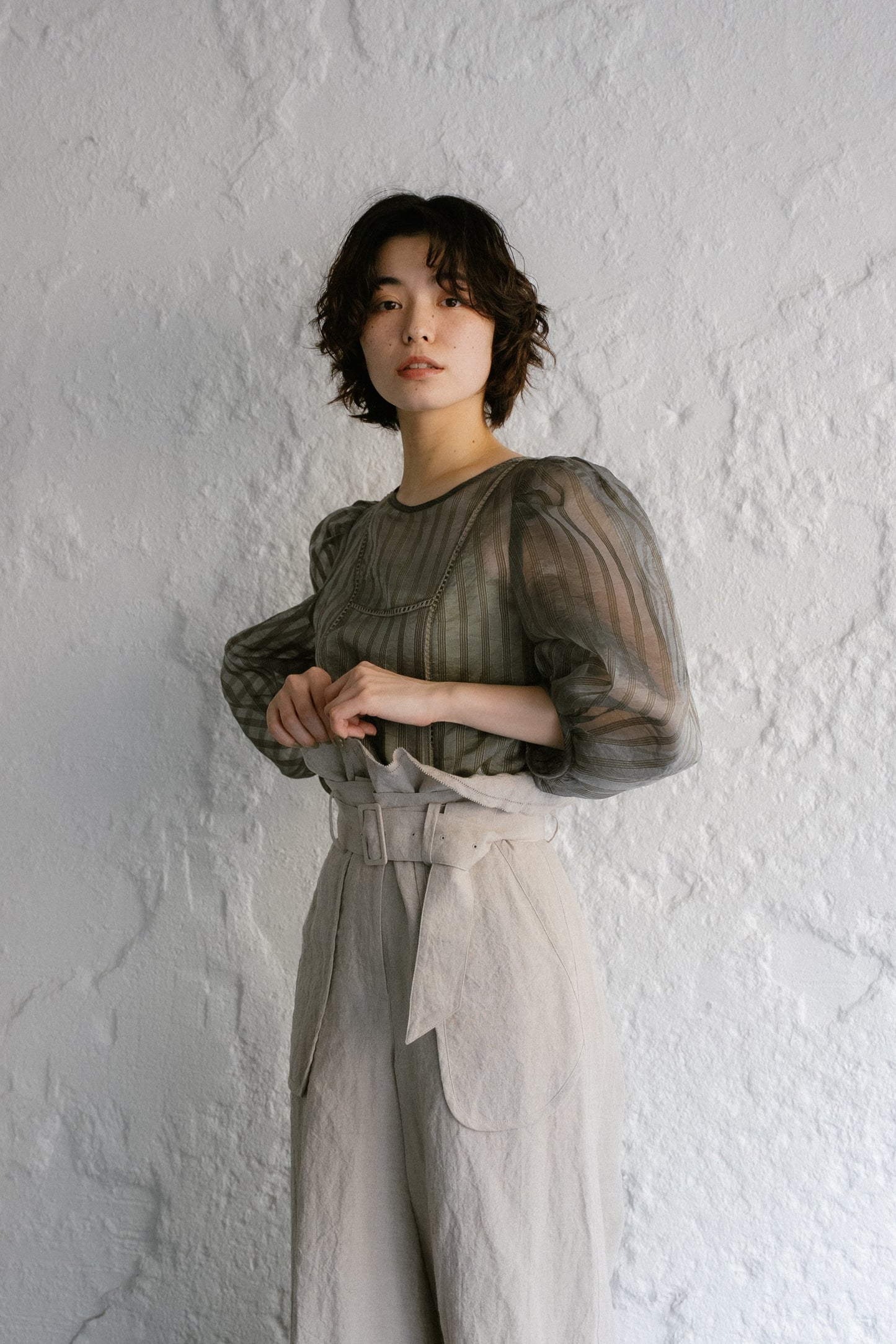 <ご予約商品> stripe patch lace mist blouse ( khaki )