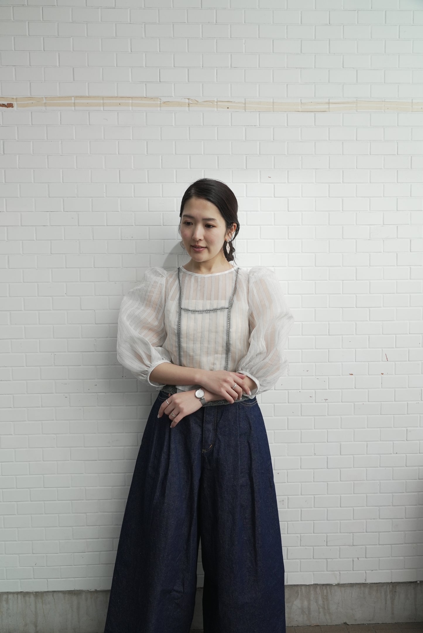 <ご予約商品> stripe patch lace mist blouse ( white gray )