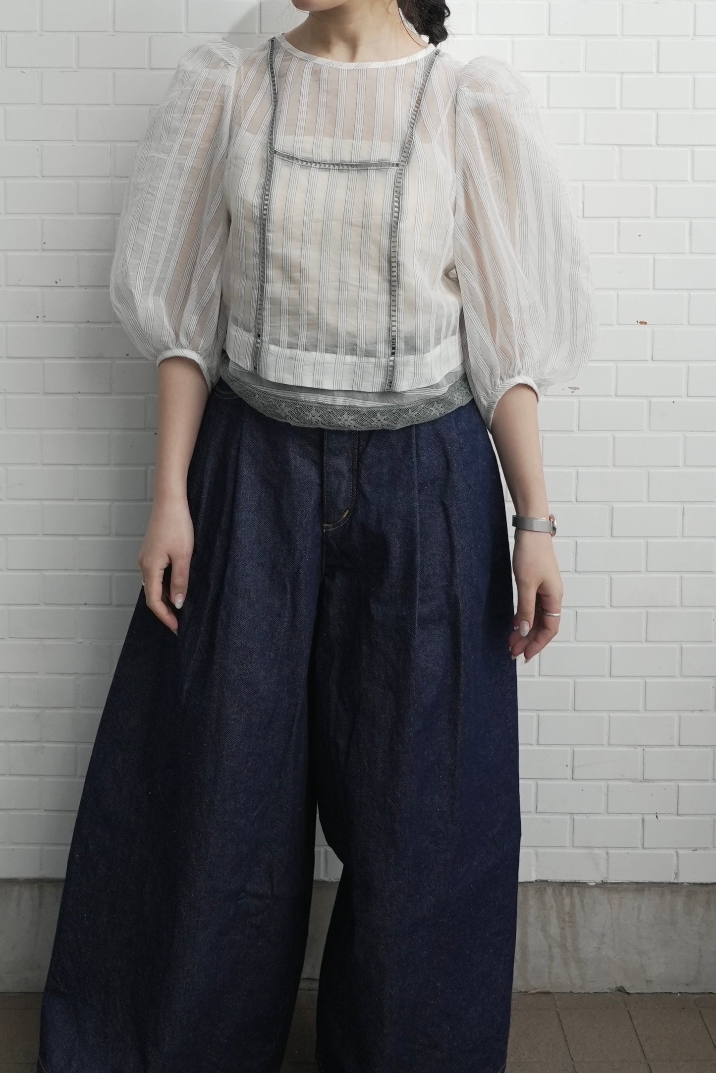 <ご予約商品> stripe patch lace mist blouse ( white gray )