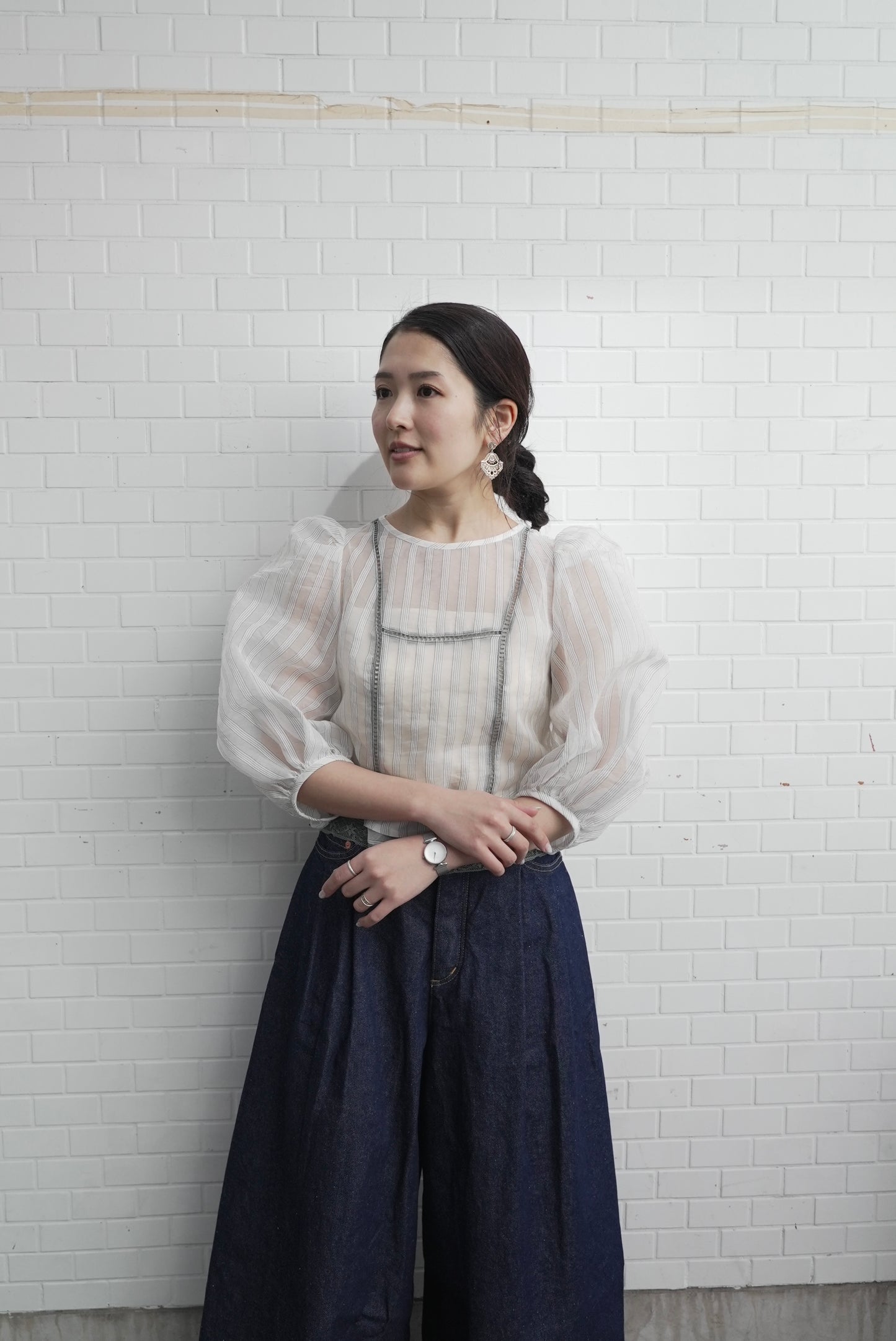 <ご予約商品> stripe patch lace mist blouse ( white gray )